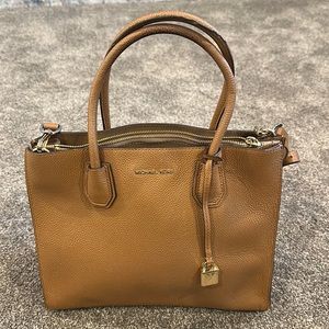 Michael Kors Large Leather Satchel Shoulder Bag Tote Purse Handbag Tan Gold MK